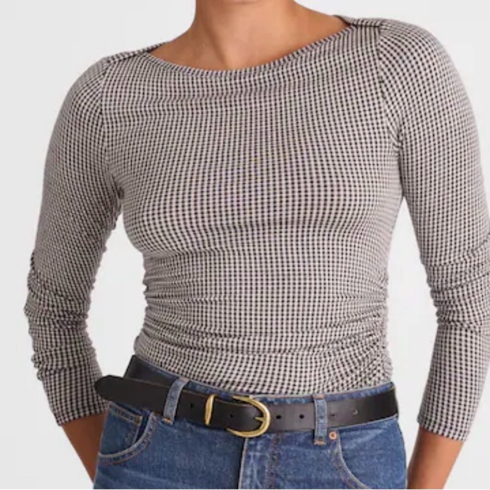 Madewell Ruched Crewneck Long-Sleeve Tee Check Jacquard New XL NX006 Shirt